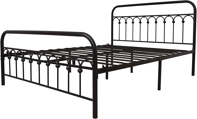 YALAXON Vintage Sturdy Queen Size Metal Bed Frame Basic with Headboard and Footboard,No Box Spring Needed,Under Bed Storage (Queen,Black)