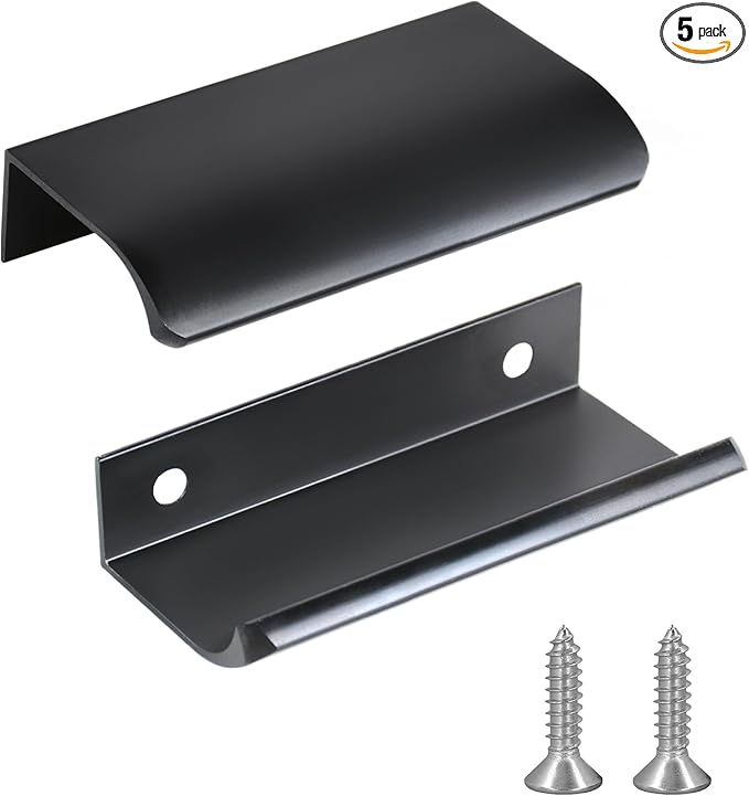 JOOJA 5 Pack Modern Style Finger Edge Pull Furniture Drawer Handles Hidden Cabinet Kitchen Drawer Handles Knobs, Black 80(64) mm