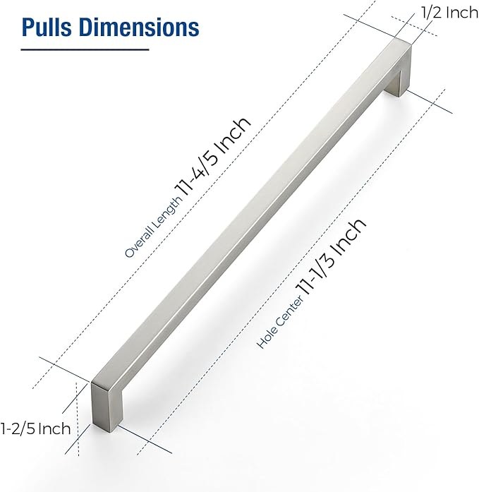JOY DECOR 4 Pack Cabinet Handles, Brushed Nickel Cabinet Pulls, 11-1/3 Inch Kitchen Closet Handles Square Drawer Pulls Stainless Steel Drawer Hardware, 288mm Hole Centers