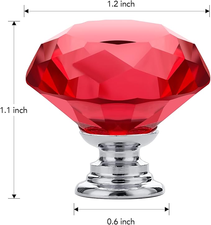 Ravinte 10 Pack Red Crystal Knobs for Dresser Drawers - 30 mm Glass Cabinet Diamond Shaped Knobs With Silver Base