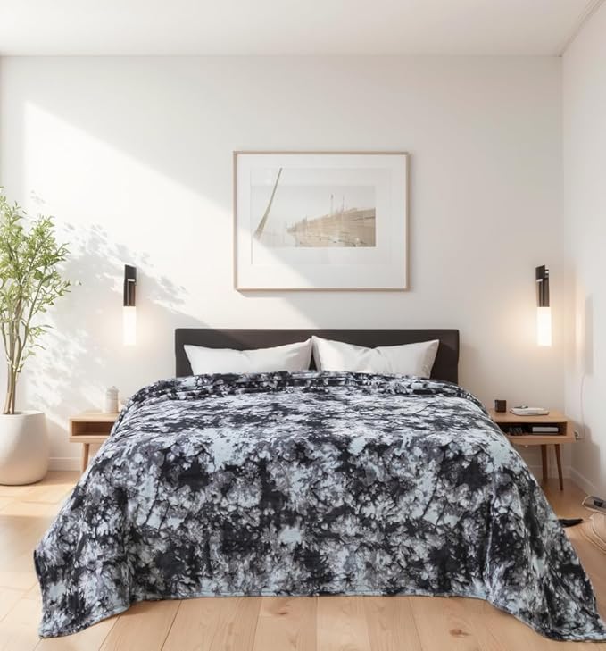 Fuzzy Blanket Queen Size - Tie Dye Grey, Soft and Comfy, Plush and Furry Faux Fur, Reversible Queen Blankets for Queen Full Bed, 90x90 Inches,Tie Dye Grey