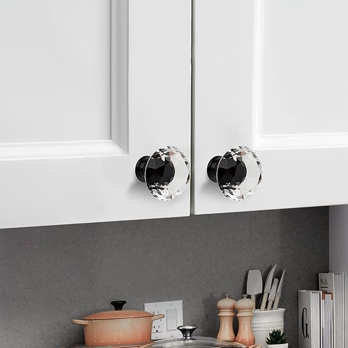 Ravinte 30 Pack Crystal Knobs for Dresser Drawers - 30 mm Glass Cabinet Diamond Shaped Knobs With Black Base