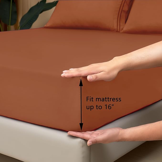 Mejoroom Queen Size Sheet Set - Hotel Luxury 1800 Bedding Sheets & Pillowcases - Deep Pocket Fitted Sheet, Soft, Breathable, Wrinkle & Fade Resistant - 4 Piece (Queen,Terracotta)