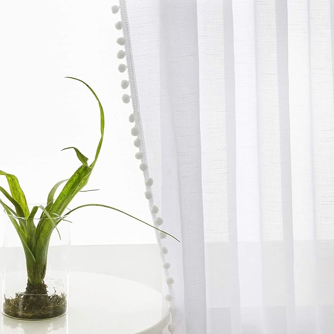 Treatmentex Snow White Sheer Curtains 95" Bedroom Decorative Pompom Trimmed Voile Window Curtain for Living Room Linen Look 2 Panels