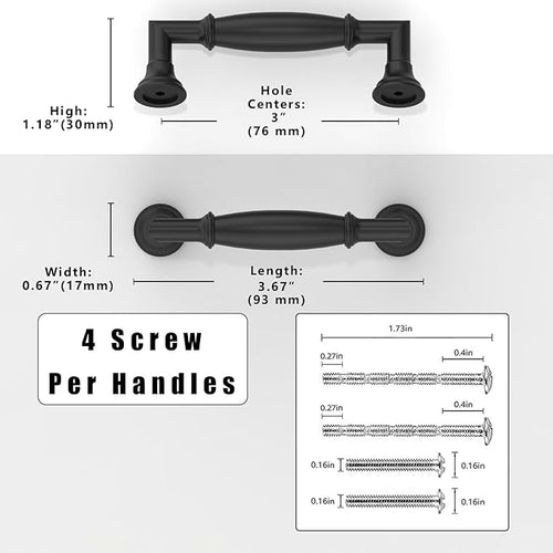 10 Pack Matte Black Cabinet Pulls 3 Inch(76mm) Kitchen Cabinet Handles Solid Zinc Alloy Cabinet Hardware Drawer Pulls