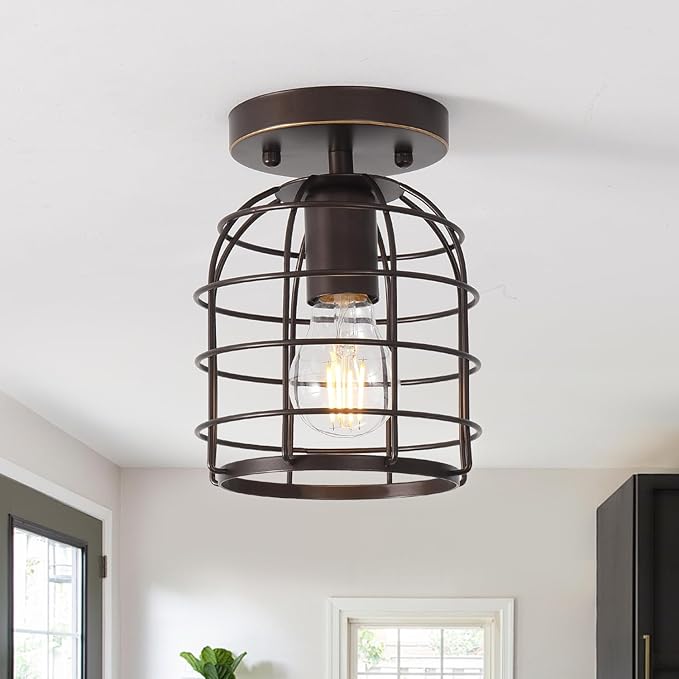 Create For Life® Industrial Vintage Flush Mount Ceiling Light,Rustic Metal Cage Semi Flush Mount Ceiling Lamp Fixture for Hallway Stairway Kitchen Garage, E26, Oil Rubbed Bronze Finish,2 Pack