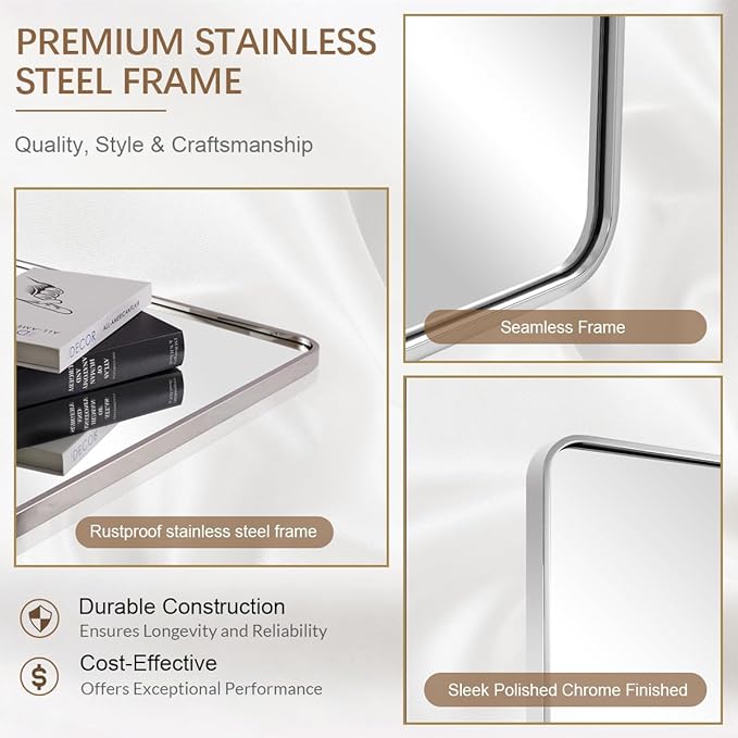 ANDY STAR 24x40'' Bathroom Mirror for Wall, Brushed Nickel Rounded Rectangle Mirror for Vanity in Stainless Steel Tube Metal Frame Antirust Wall-Mounted Horizontal or Vertical