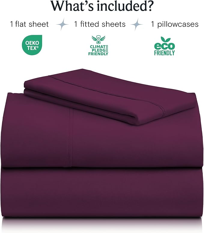 LuxClub 3 PC Sheet Set Sheets Deep Pockets Wrinkle Free Sheets Machine Washable Hotel Bedding Silky Soft - Eggplant Twin