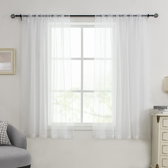 HUTO White Sheer Curtains 63 inches Long for Bedroom Top Rod Pocket Sheer Window Panels Curtains for Nursery Living Room 52 by 63 Inch Length Set of 2