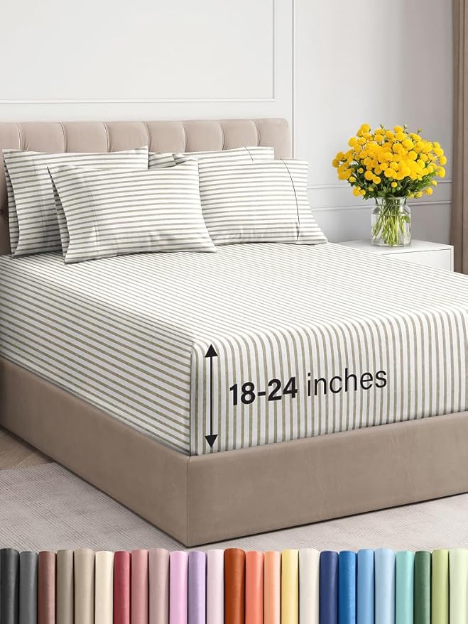 Extra Deep Queen Sheet Set - 6 Piece Breathable and Cooling Sheets - Hotel Luxury Bed Sheets Set - Easy Fit - Soft, Wrinkle Free and Comfy Sheets Set - Beige Striped Sheet Set with Extra Deep Pockets