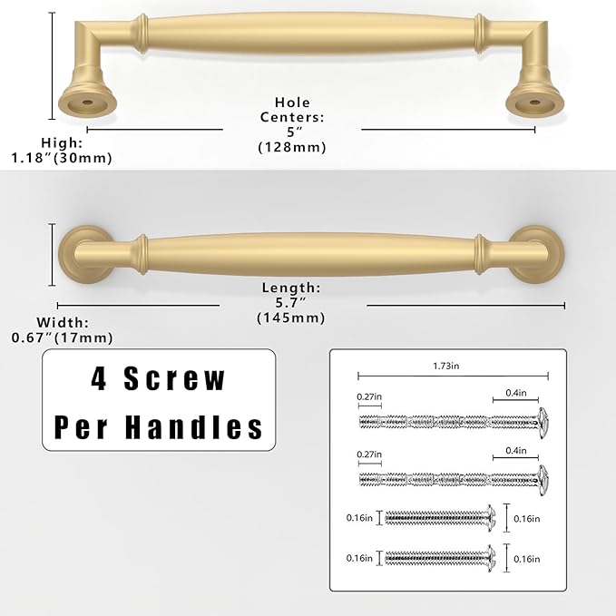 10 Pack Brushed Gold Cabinet Pulls 5 Inch(128mm) Kitchen Cabinet Handles Solid Zinc Alloy Cabinet Hardware Drawer Pulls