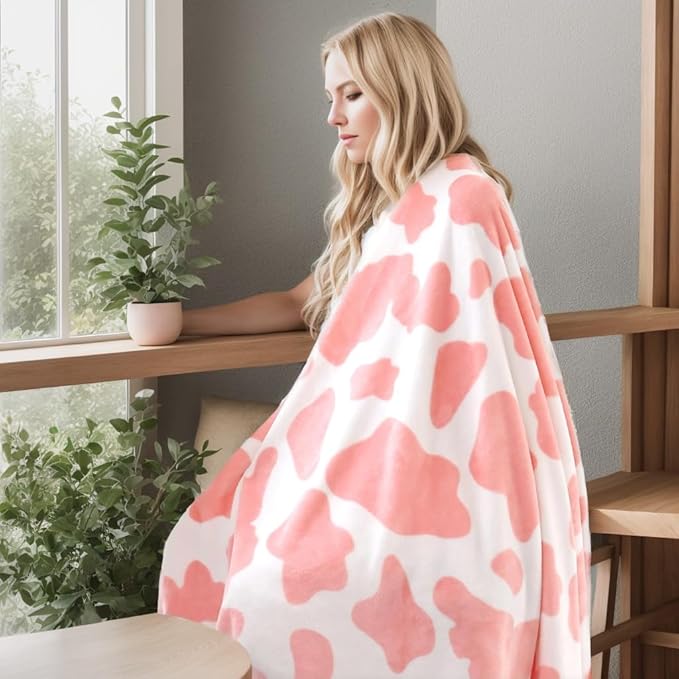 Fleece Cow Print Blanket for All Season - Premium Lightweight Anti-Static Pink and Ivory King Size Blankets Plush Gift for Daughter Mom, Bedroom Decor 90" x 108"(Pink Cow)