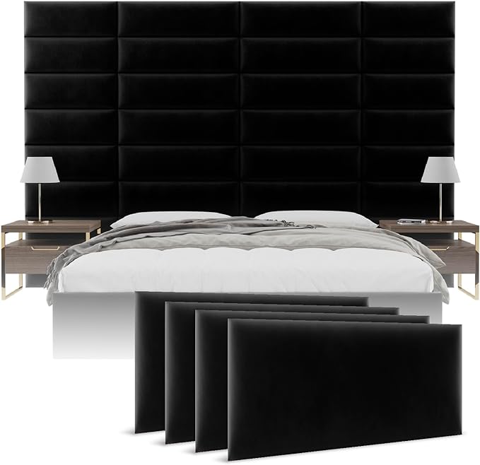 Vänt Upholstered Wall Panels - King/Cal King Size Wall Mounted Velvet Headboards - Velvet Black - Twin/King - Set of 4 Panels (Each Individual Panel 39"x11.5")