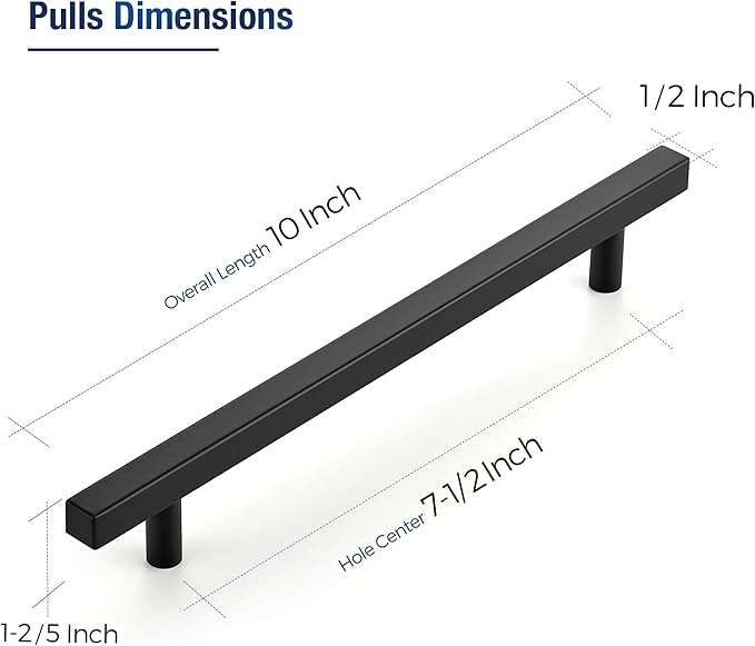 JOY DECOR 10 Pack 7-1/2 Inch Matte Black Square Cabinet Handles Stainless Steel Cabinet Hardware Pulls for Kitchen and Drawers with 10 Inch Overall Length