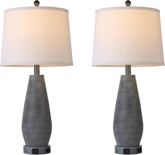 Farmhouse Table Lamps Set of 2 with USB C+A Ports and AC Outlet, 3 Way Touch Rustic Bedside Lamps for Living Room, 26.5" Grey Vintage Lamps for Bedroom Nightstand