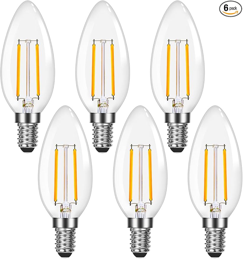 Lepro Led Chandelier Bulbs 60w Equivalent,E12 Dimmable Candelabra Bulbs for Ceiling Fan and Chandelier, 500lm 2700k Soft White Filament Bulbs,Type B Base, Ultra Energy Saving, Long Lifespan, 6-Pack