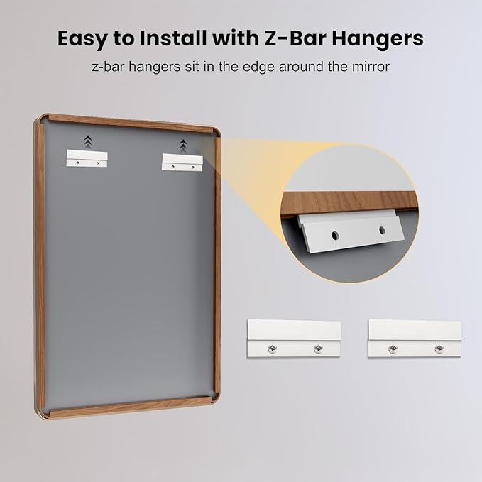 LOAAO 48X30 Inch Bathroom Mirror with Wood Grain Colored Metal Frame, Rounded Rectangle Metal Framed Bathroom Mirror, Anti-Rust, Hangs Horizontally or Vertically, Tempered Glass