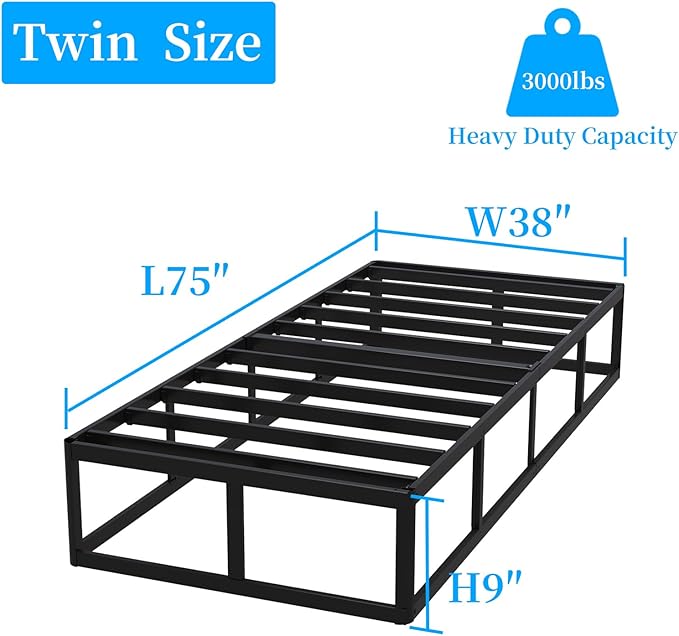Twin Box Spring, 9 Inch Metal Twin Box Spring Only, Heavy Duty Metal Frame Mattress Foundation Support for 3000lbs, Easy Assembly, Noise Free, Non Slip