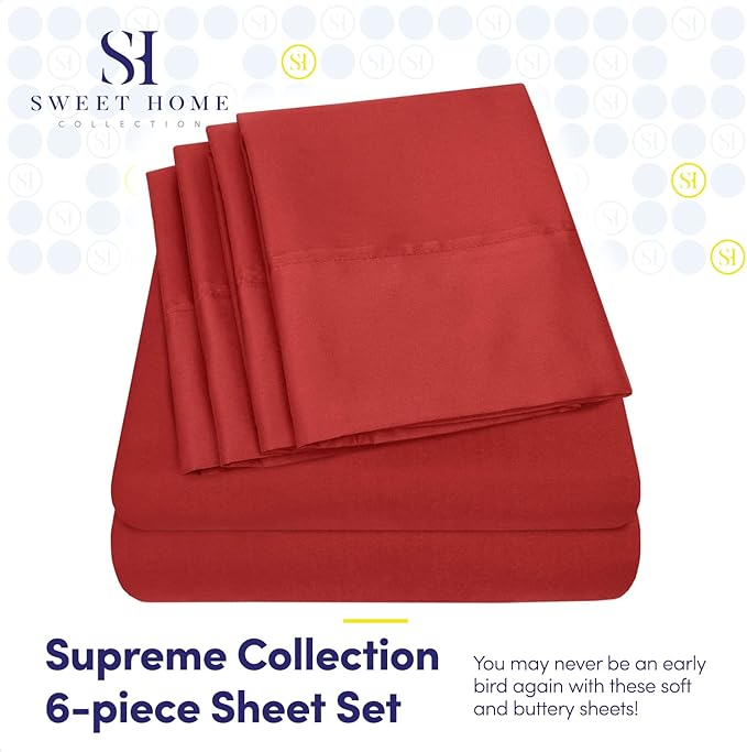 Queen Sheets Red - 6 Piece 1500 Supreme Collection Fine Brushed Microfiber Deep Pocket Queen Sheet Set Bedding - 2 Extra Pillow Cases, Great Value, Queen, Samba Red