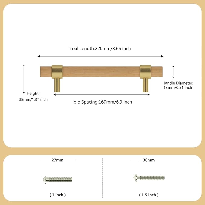 Wooden Drawer Pulls,6-Pack Beech Wood Drawer Handles 6.3in,Suitable for Kitchen, Living Room, Bedroom, Bathroom and Other Scenes,Gold