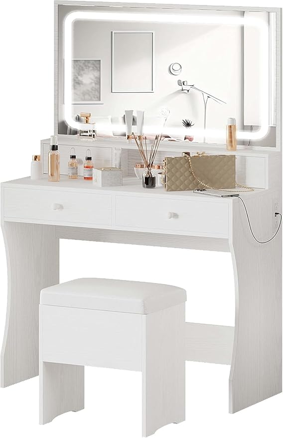 IRONCK Vanity Desk with LED Lighted Mirror & Power Outlet, Makeup Vanities Table with 4 Drawers,Storage Bench,Dressing Table for Bedroom White