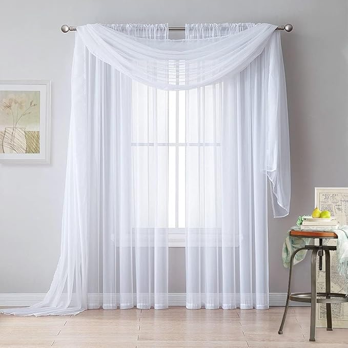 RYB HOME White Sheer Curtains for Canopy Bed, 2 Panels Wedding Arch Draping Fabric Window Scarf Table Runner Indoor Outdoor Curtains for Backdrop Events Decor, Wide 60 in x Long 216 in per Panel