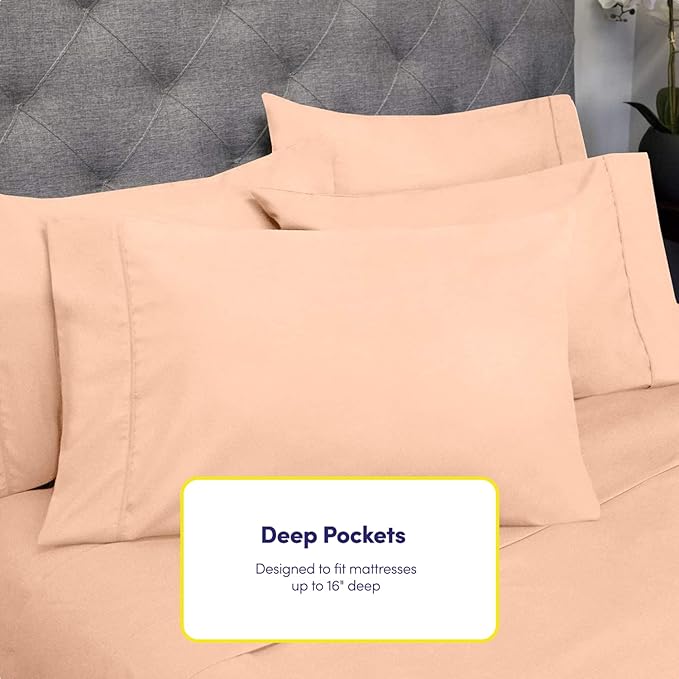 Twin XL Size Bed Sheets - 4 Piece 1500 Supreme Collection Fine Brushed Microfiber Deep Pocket Twin X-Large Sheet Set Bedding - 1 EXTRA PILLOW CASES, GREAT VALUE, Twin XL, Peach