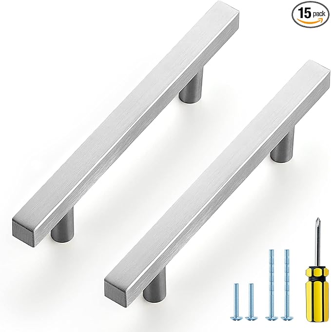 Ravinte Brushed Nickel Cabinet Handles 15 Pack 3-3/4 inch Satin Nickel Square Cabinet Pulls Silver Hardware for Kitchen Cabinets 6 inch Overall Length Stainless Steel Drawer Pulls