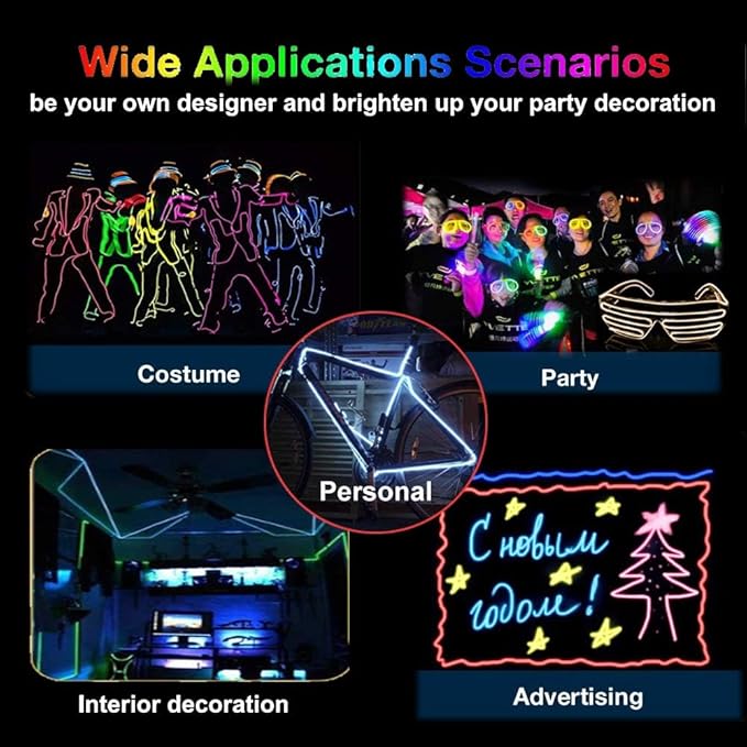 MaxLax EL Wire Purple, 2M Portable Battery Pack Neon Light Strip 360° Cuttable Glowing Rope Lights for Parties, Halloween, DIY Decoration