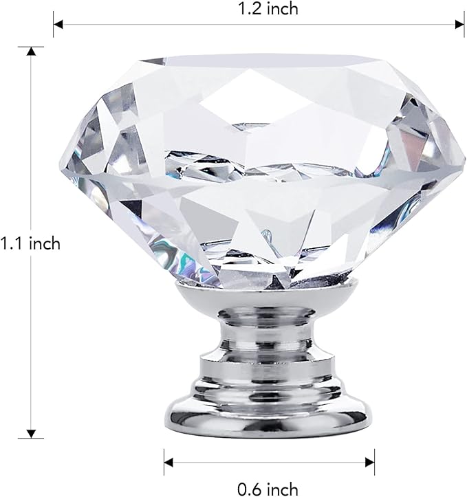 Ravinte Crystal Knobs for Dresser Drawers & Glass Cabinets - Diamond Shaped, 30 mm with Silver Base