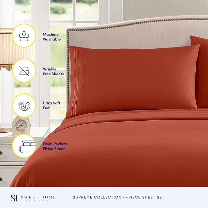 Twin Sheets - Breathable Luxury Sheets with Full Elastic & Secure Corner Straps Built In - 1800 Supreme Collection Extra Soft Deep Pocket Bedding Set, Sheet Set, Twin, Rust