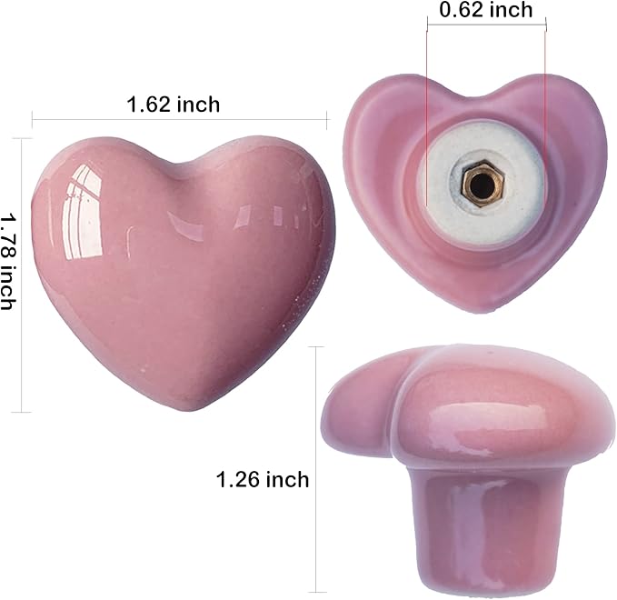 Ceramic Drawer Knobs Heart Shape Cabinet Dresser Pulls Handles with 3 Sized Screws, Kitchen Furniture Knobs for Closet Cupboard Wardrobe (20, Pink)