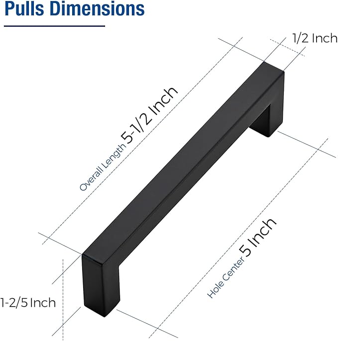 JOY DECOR 20 Pack Cabinet Handles, Black Cabinet Pulls, 5 Inch Kitchen Closet Handles Square Drawer Pulls Stainless Steel Drawer Hardware, 128mm Hole Centers
