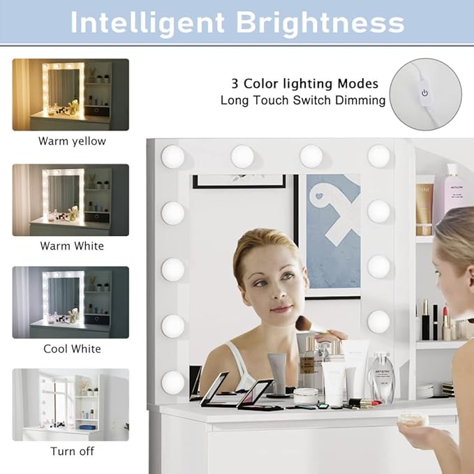 Vabches Makeup Vanity with Lights, 37inch Vanity Desk, 4 Large Drawers Dresser with Lighted Mirror, 3 Lighting Modes Brightness Adjustable, White