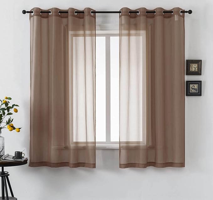 DUALIFE Dark Brown Sheer Curtains Voile Panels Drapes Grommet Curtain Sheers for Living Room 45 inch Length Transparent Bedroom Light Filtering Window Treatments 2 Panels 52x45 Chocolate Brown