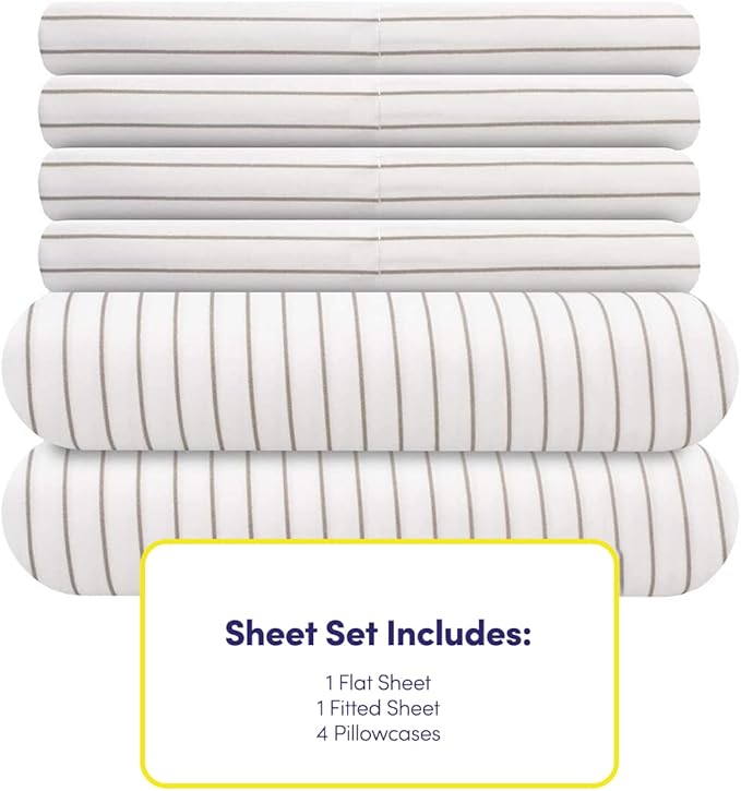 Full Size Bed Sheets - 6 Piece 1500 Supreme Collection Fine Brushed Microfiber Deep Pocket Full Sheet Set Bedding - 2 Extra Pillow Cases, Great Value, Full, Pinstripe White