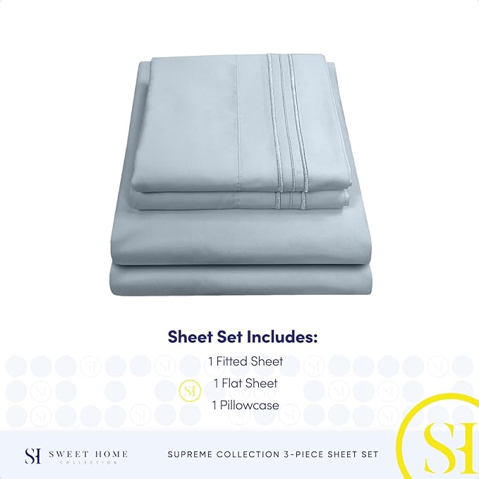 Twin Sheets - Breathable Luxury Sheets with Full Elastic & Secure Corner Straps Built In - 1800 Supreme Collection Extra Soft Deep Pocket Bedding Set, Sheet Set, Twin, Misty Blue