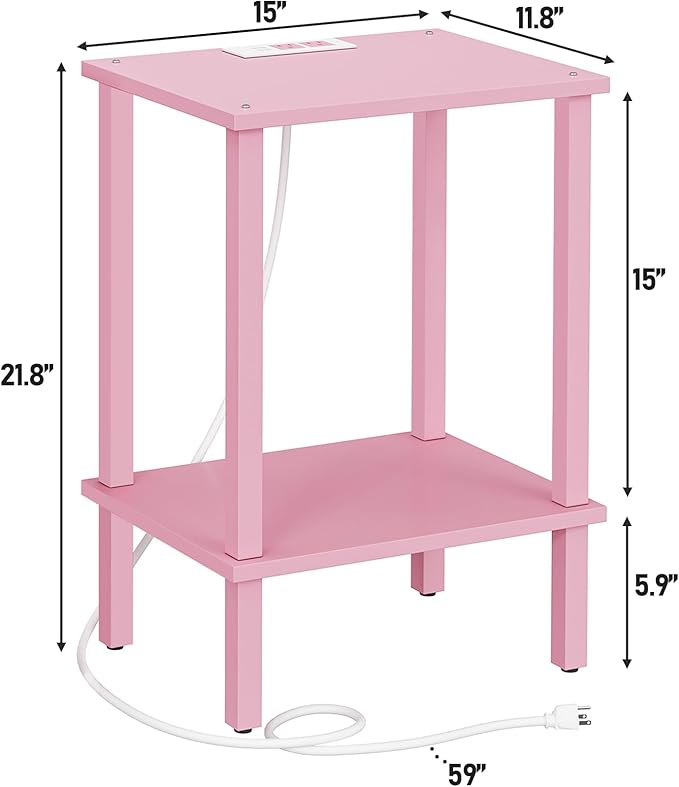 TUTOTAK End Table with Charging Station, Small Side Table with Outlets, Nightstand Bedside Table, 2-Tier Storage Shelf for Small Space, Living Room, Bedroom, Pink TB01BP040