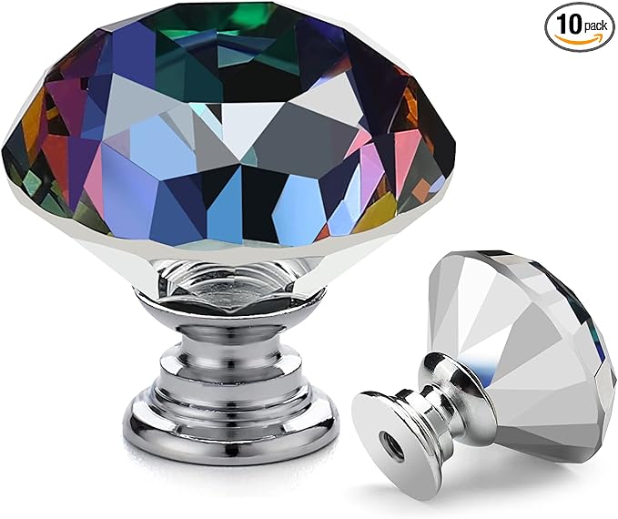 Ravinte 10 Pack Colorful Crystal Drawer Knobs - Glass Cabinet Knobs, Diamond Shaped, 30 mm with Black Base