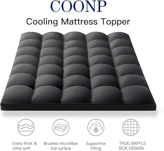COONP Twin XL Mattress Topper, Extra Thick Pillowtop, Cooling Plush Mattress Pad Cover Bed Topper Protector with 8-21 Inch Deep Pocket (Black, Twin XL)