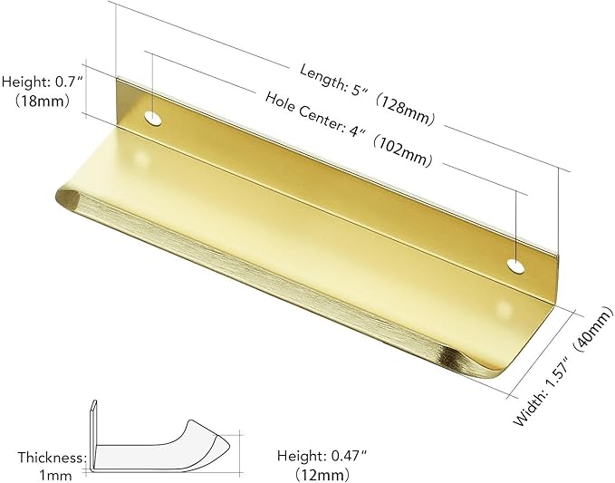 Ravinte Hardware 6 Pack Gold Cabinet Handles, 5 Inch (128mm) Finger Edge Pulls, 4 Inch Hole Center, Finger Pulls for Cabinets