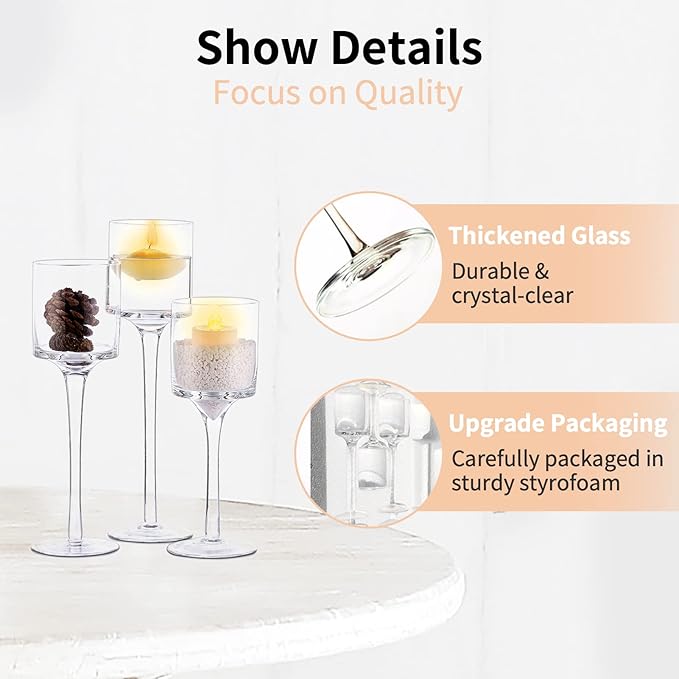 NUPTIO Tealight Candle Holders Glass: Set of 3 Long Stemmed Candle Stands for Dinner Table Centerpiece - Monet Candleholders Pillar Floating Candles