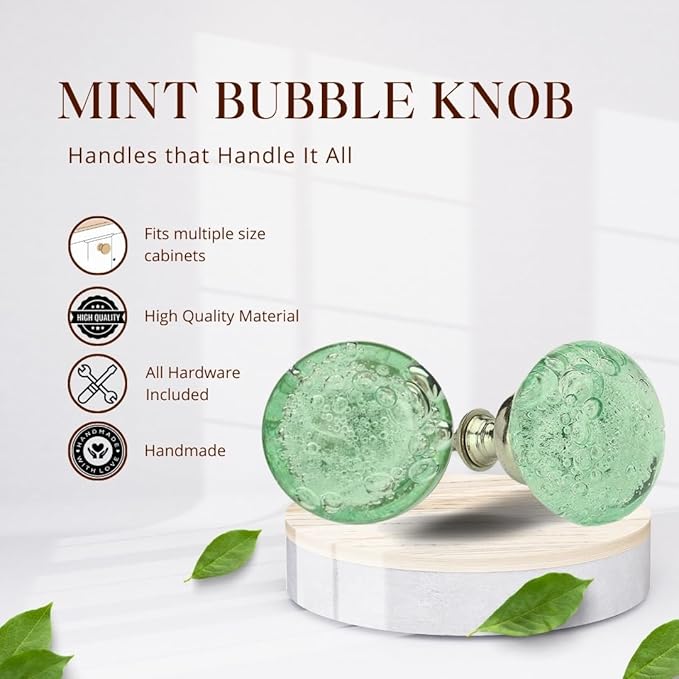 Perilla Home Set of 6 Bubble Knobs - Decorative Light Green Crystal Knobs - Glass Knob for Home Decor, Interior, Kitchen Cabinet, Hardware, Cupboard, Door, Dresser, Wardrobe and Drawer Pulls Handles