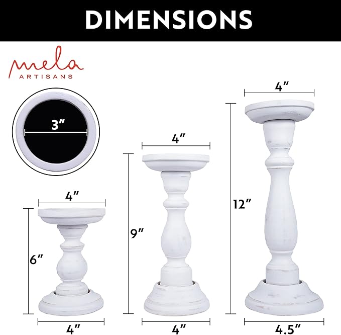 Mela Artisans Wooden Pillar Candle Holders | Tuli Design | Set of 3 Mango Wood Candlesticks | Matte White | Sizes 6" & 9" & 12" | Table Decor | Centerpiece | Mantel | Wedding | Living Room Decor