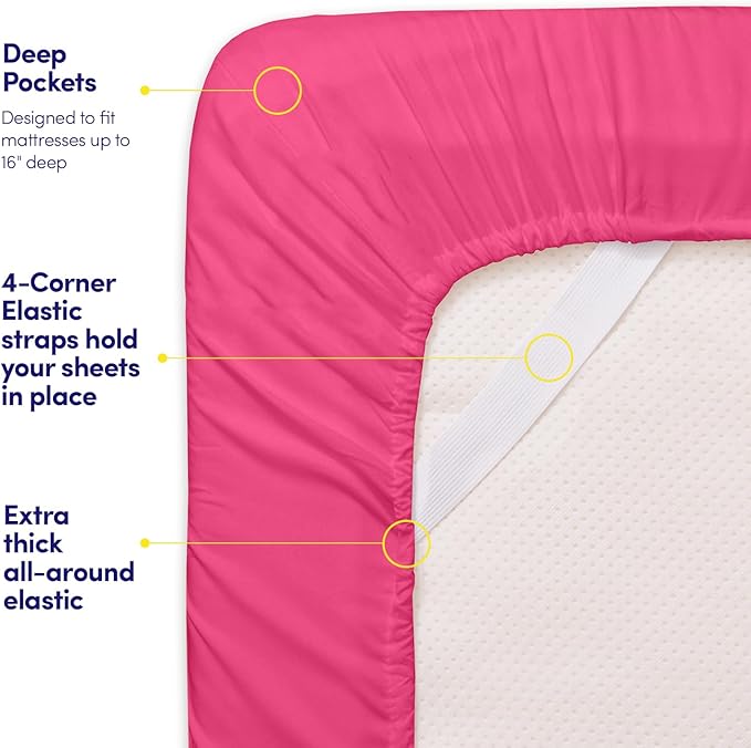 Sweet Home Collection Twin XL Size Sheet Set with Built-in Sheet Straps - Deep Pocket Fitted Sheet, Flat Sheet & Pillowcases - Soft, Wrinkle-Free, Secure Fit - Fuschia