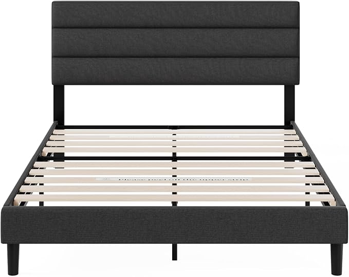 ZINUS Queen Piper Upholstered Platform Bed with Horizontal Paneled Headboard, Wooden Slat Support, No Box Spring Needed, Easy Assembly, Eco Friendly Packaging, Dark Grey