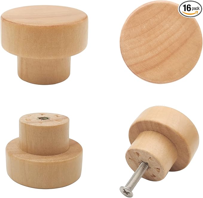 16PCS Wood Knobs Flat Top Round Cabinet Knobs Natural Wooden Dresser Drawer Pulls (Diameter: 35mm/1.38 inch, Height: 25mm/0.99 inch)