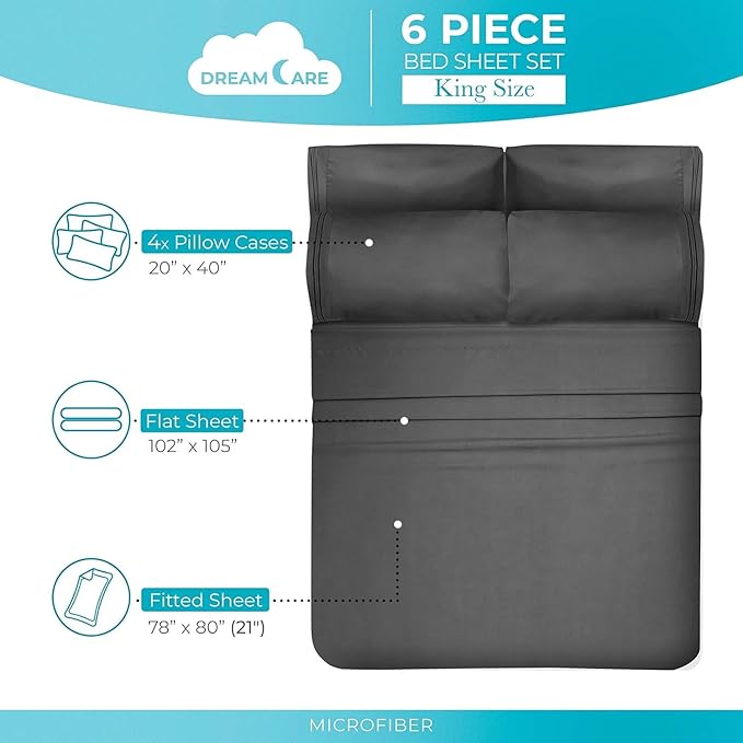 DREAMCARE King Size Sheets Set – 6 pcs Cooling Bed Sheets – up to 21” Deep Pocket King Sheet Set – 2500 Supreme Collection – Extra Soft 100% Brushed Microfiber Hotel Luxury with Side Pocket – D Gray