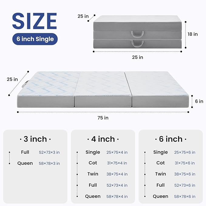 Foldable Mattress Single 6 inch -Portable White Memory Foam Folding Matress with Washable Cover for Camping Travel Guest Room Home Use-Non-Slip&Easy Storage