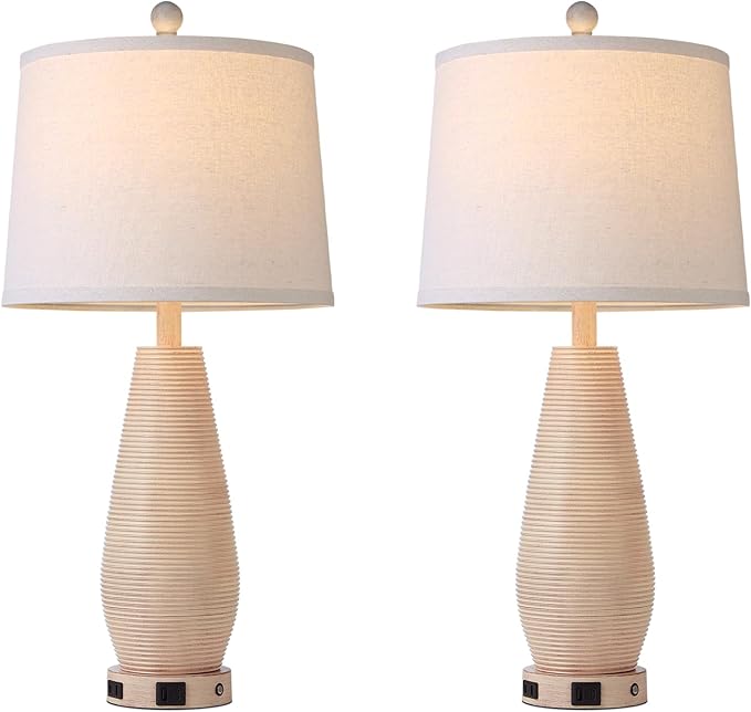 Farmhouse Table Lamps Set of 2 with USB C+A Ports and AC Outlet, 3 Way Touch Rustic Bedside Lamps for Living Room, 26.5" Cream Vintage Lamps for Bedroom Nightstand